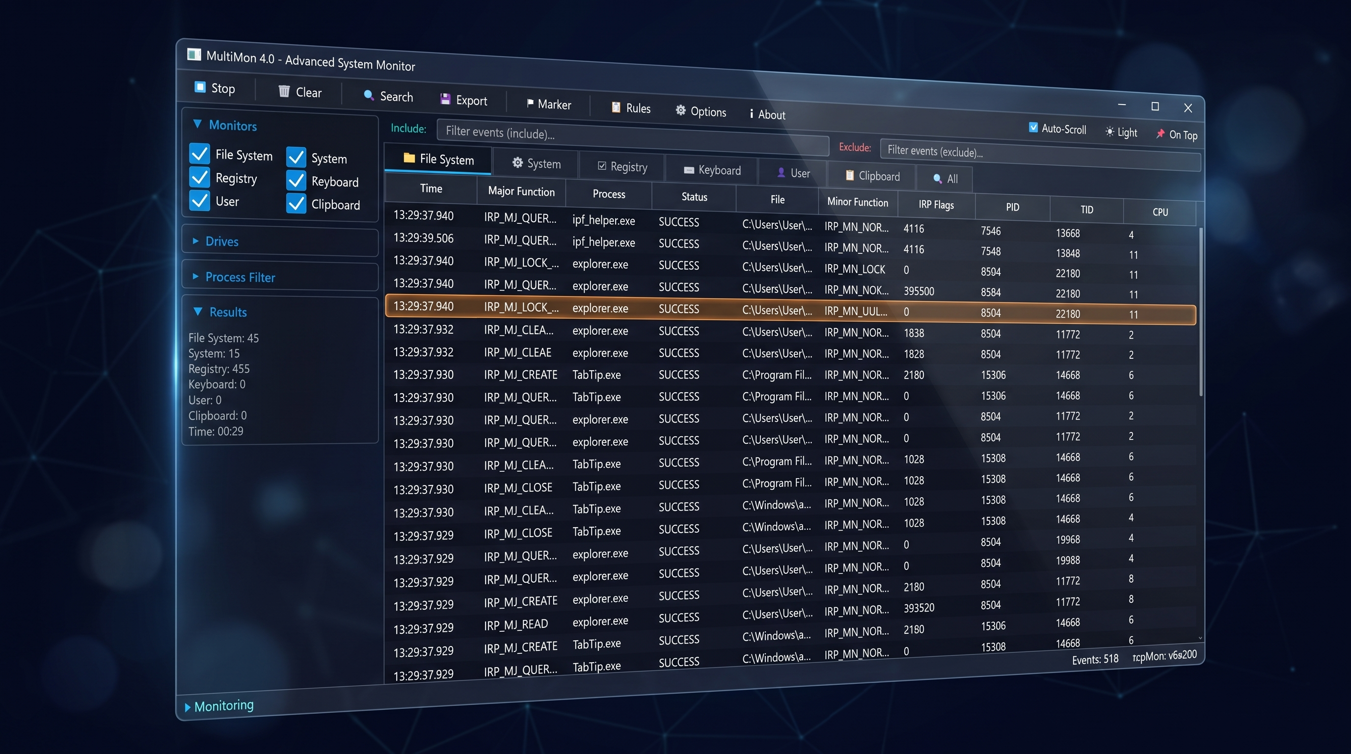 MultiMon 4.0 monitoring live file system activity
