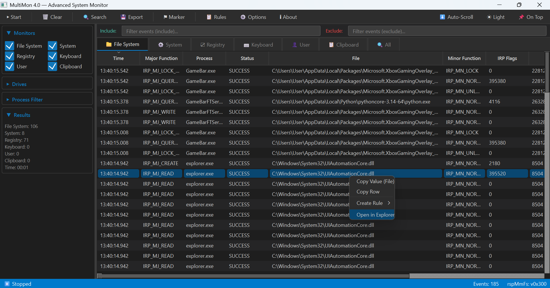 Right-click menu: Copy Row, Create Rule, Open in Explorer