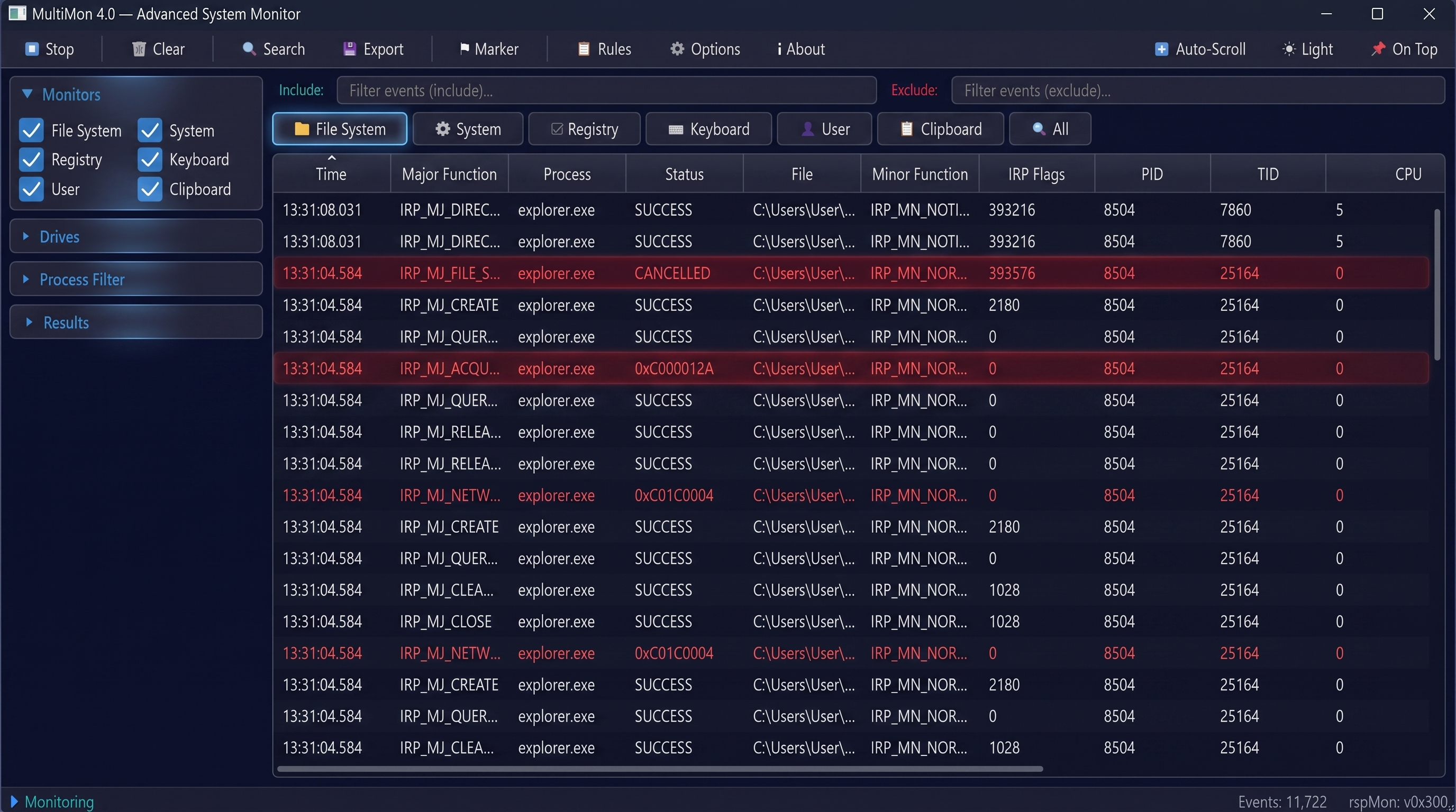 File System tab — live IRP-level file activity