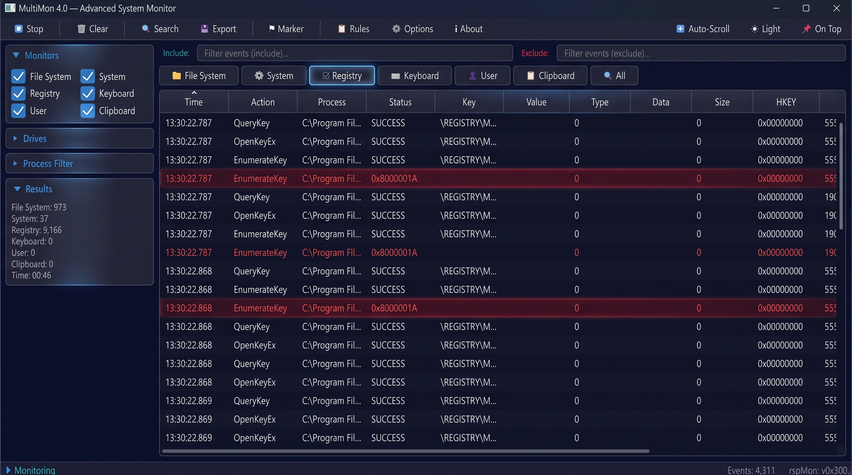 Registry tab — key queries, opens and enumerations