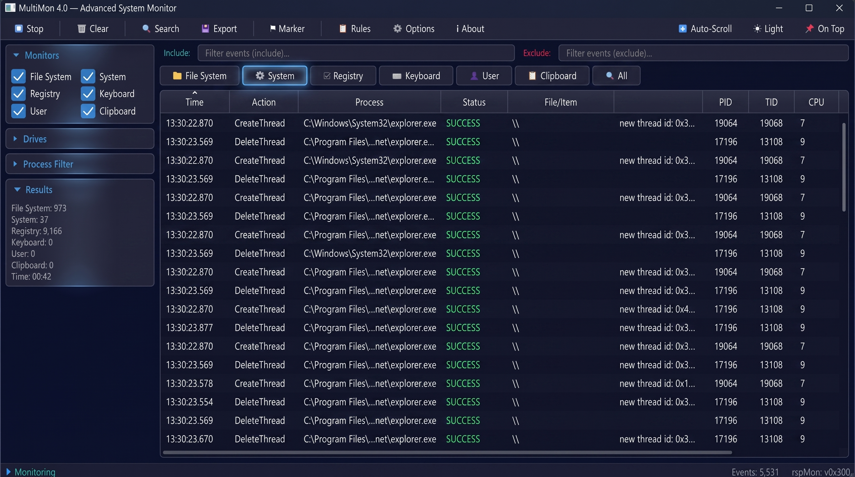 System tab — thread create and delete events